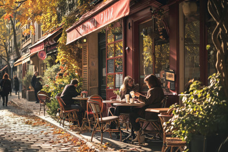 Parisian lifestyle showing a couple enjoying coffee outside a charming cafe AI generatedの素材