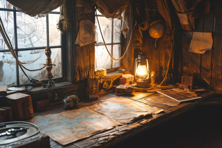 Interior of an old sailor seafaring ship, strewn with maps and equipment's AI generatedの素材
