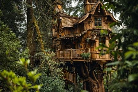 A treehouse amongst an enchanted forest for a whimsical lifestyle Ai generatedの素材