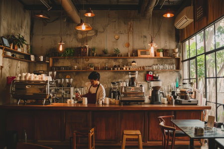 A vintage-inspired coffee shop with baristas making latte art, Coffee shop design Ideas AI generatedの素材
