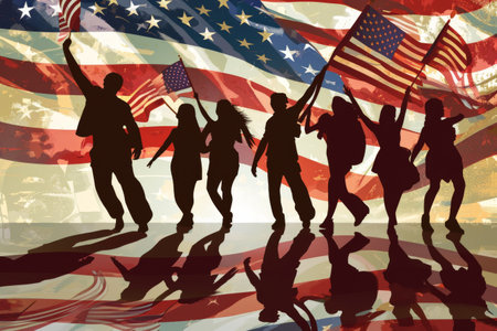 Silhouettes of people dancing on the background of the American flag Silhouette of Guys and girls waving American flags AI generatedの素材