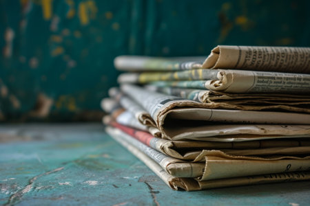 Stack of newspapers on one color n background Copy space for your text Stack of newspapers on green background with copy space Close up AI generatedの素材