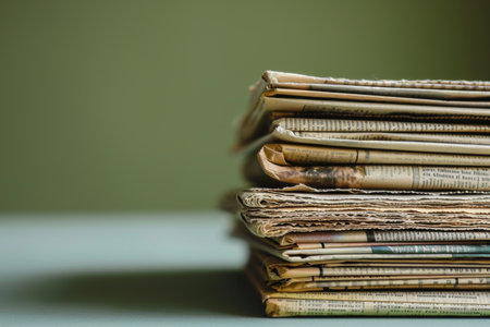 Stack of newspapers on one color n background Copy space for your text Stack of newspapers on green background with copy space Close up AI generatedの素材