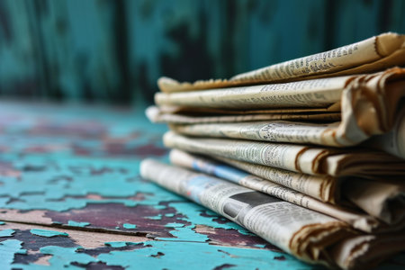 Stack of newspapers on one color n background Copy space for your text Stack of newspapers on green background with copy space Close up AI generatedの素材