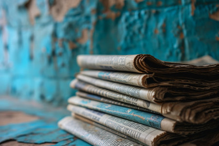 Stack of newspapers on one color n background Copy space for your text Stack of newspapers on green background with copy space Close up AI generatedの素材
