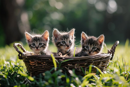 Three cute little kittens in a wicker basket on green grass AI generatedの素材