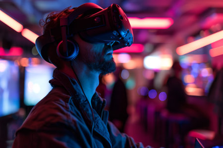 VR gaming experience in a high-end gaming lounge AI generatedの素材