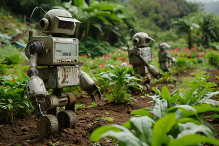 Robots farming, robot herbicide sprayer working in agricultural field AI generatedの素材