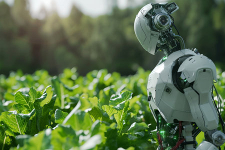 Robots farming, robot herbicide sprayer working in agricultural field AI generatedの素材