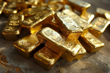 Gold bars, Stack of gold bars at finance vault AI generatedの素材