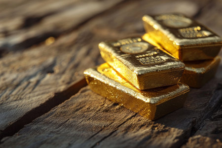 Gold bars on a wooden background AI generatedの素材