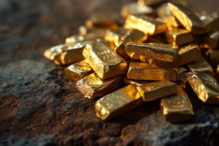 Gold bars, Stack of gold bars at finance vault AI generatedの素材