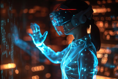 3D rendering of a female robot wearing virtual reality glasses in a dark roomの素材