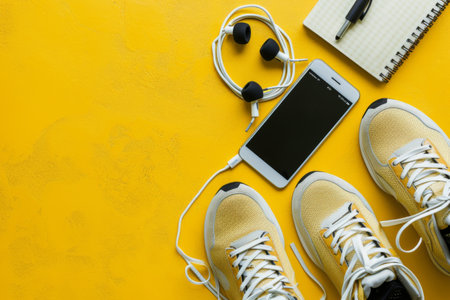 Top view of smart phone sneakers earphones and notebook on color background Sports equipment with shoes skipping rope blank notebook and mobile cellphone with earphones AI generatedの素材