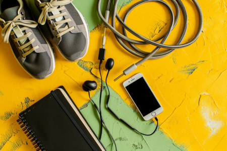 Top view of smart phone sneakers earphones and notebook on color background Sports equipment with shoes skipping rope blank notebook and mobile cellphone with earphones AI generatedの素材