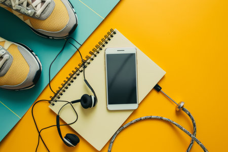 Top view of smart phone sneakers earphones and notebook on color background Sports equipment with shoes skipping rope blank notebook and mobile cellphone with earphones AI generatedの素材