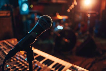 Professional microphone on stage in recording studio Microphone and sound equipment recording studio in the background with a microphone AI generatedの素材