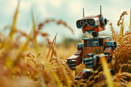 Robot in the rice field vintage style selective focus Robots farming AI generatedの素材