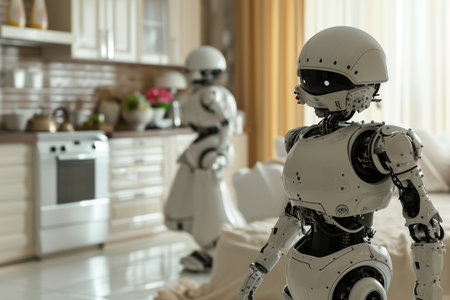 Robot assistants helping in household chores AI generatedの素材