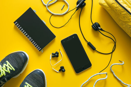 Top view of smart phone sneakers earphones and notebook on color background Sports equipment with shoes skipping rope blank notebook and mobile cellphone with earphones AI generatedの素材