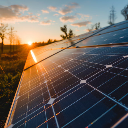 Solar panel photovoltaic alternative electricity source selective focus point Solar power plant panel closeup view background AI generatedの素材