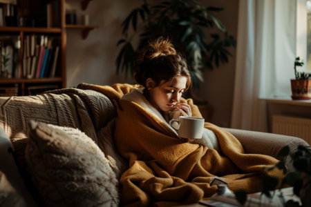 A cold woman, who has caught a cold and is suffering from the flu, is sitting on a sofa in the living room of her house. With a cup wrapped in a blanket, trying to find relief AI generatedの素材