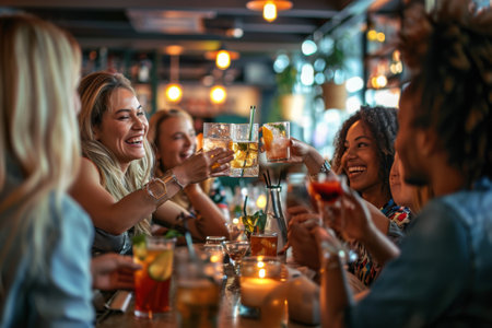 A diverse group of friends celebrating at a bar or restaurant, drinking cocktails and having a good time on a weekend day AI generatedの素材