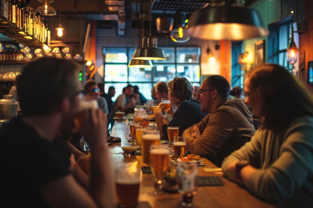 A group of people drinking beer at the pub's brewery restaurant AI generatedの素材