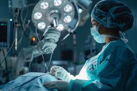Female doctor in the operating room performing an operation, A healthcare professional using robotic surgical assistance AI generatedの素材