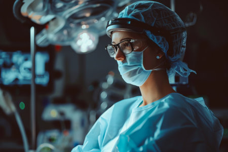 Female doctor in the operating room performing an operation, A healthcare professional using robotic surgical assistance AI generatedの素材