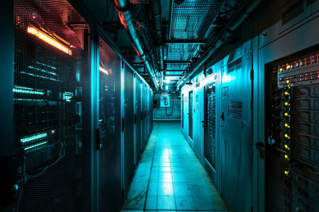 A server room with glowing lights AI generatedの素材
