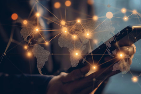 Businessman using mobile phone with world map and global network connection concept AI generatedの素材
