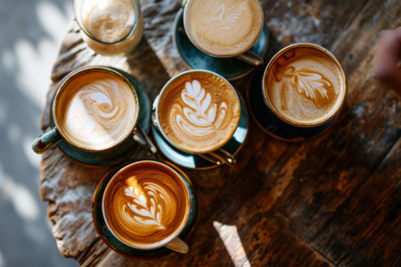 Coffee cups with latte art on wooden table. Top view, Multiple cups of coffee AI generatedの素材