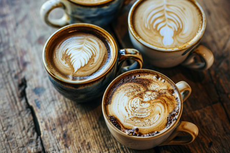 Coffee cups with latte art on wooden table. Top view, Multiple cups of coffee AI generatedの素材