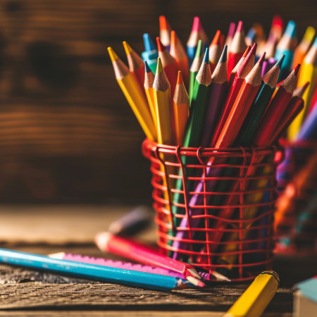 Colorful pencils and stationery on wooden table. Back to school concept, Back to School background concept AI generatedの素材