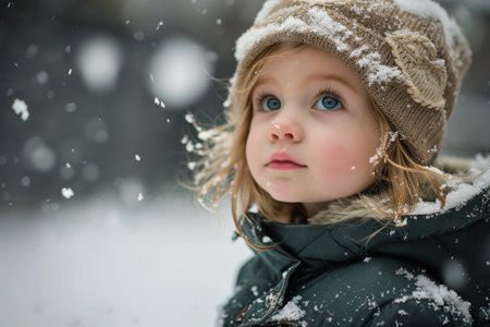 cute little girl face in snow AI generatedの素材