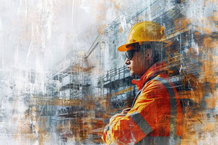 2d illustration digital building construction engineering with double exposure graphic design, architect or construction workers with civil equipment technology on a white background AI generatedの素材