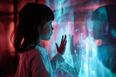 A child interacting with a holographic teacher AI generatedの素材