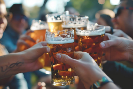 Beer Festival Cheers, Cheers! Clink glasses. Close-up shots of hands holding beer glasses and beer bubbles Ai generatedの素材