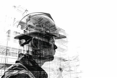 Building construction engineering with double exposure graphic design black and white , construction workers with civil equipment technology 2d illustration on a white background AI generatedの素材