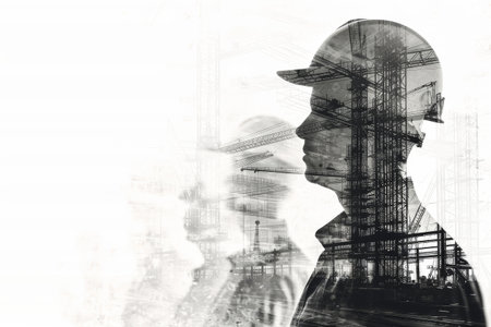 Building construction engineering with double exposure graphic design black and white , construction workers with civil equipment technology 2d illustration on a white background AI generatedの素材