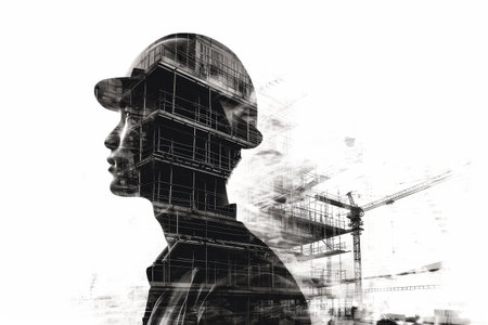 Building construction engineering with double exposure graphic design, construction workers with civil equipment technology 2d illustration on a white background AI generatedの素材