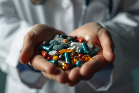 Doctor holding a 3d rendering group of medical pills and capsule AI generatedの素材