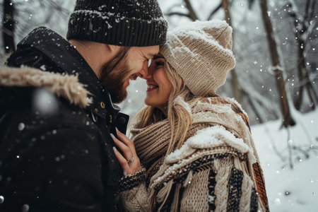 Happy love couple in winter, Happy couple enjoying a snowy day AI generatedの素材