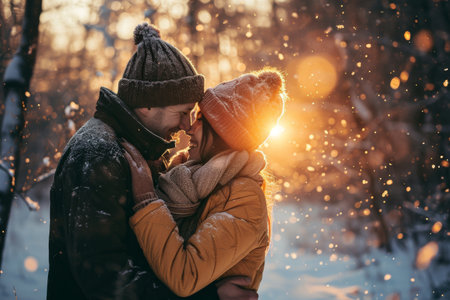 Happy love couple in winter, Happy couple enjoying a snowy day AI generatedの素材