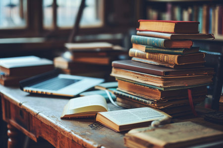Organized pile of books on a desk with a laptop. E-learning concept AI generatedの素材