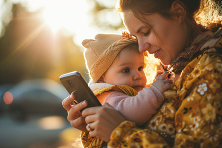 Young mother with her little daughter in her arms looking at her smartphone AI generatedの素材