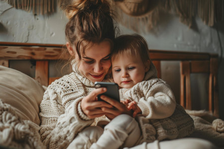 Young mother with her little daughter in her arms looking at her smartphone AI generatedの素材