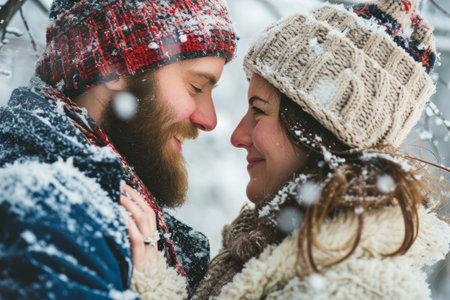 Happy love couple in winter, Happy couple enjoying a snowy day AI generatedの素材