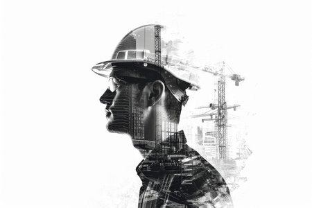 Building construction engineering with double exposure graphic design, construction workers with civil equipment technology 2d illustration on a white background AI generatedの素材
